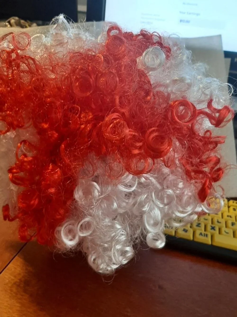 NEW ! Red & White Curly Costume Wig Attached Re Brim/Bonnet for Holiday Dress Up